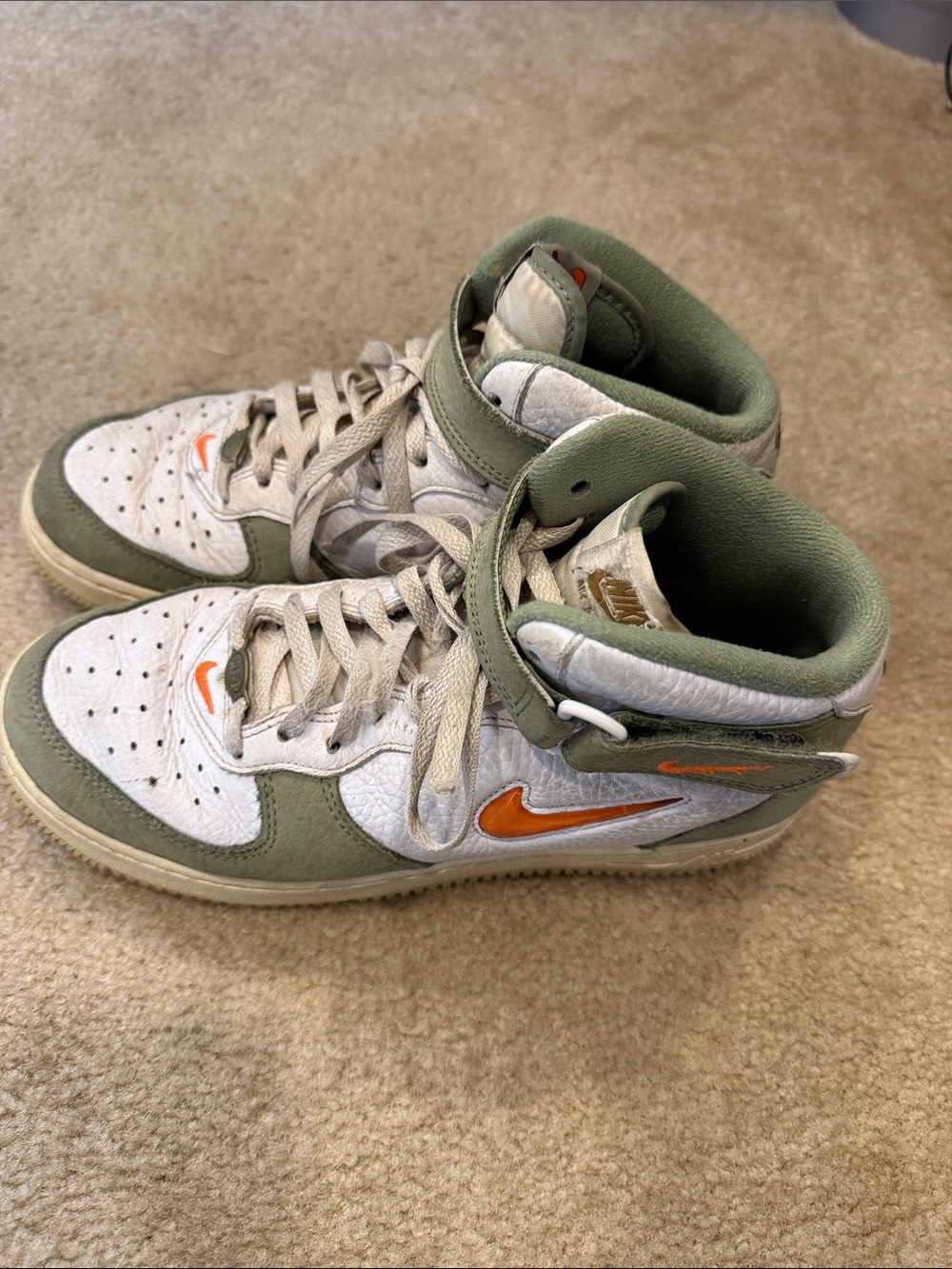 Air Force Ones Nike High-Top Sneakers in White, Olive Green & Orange
